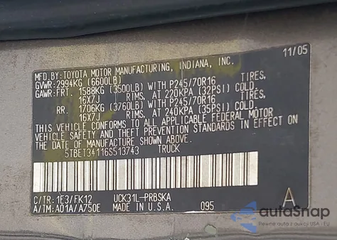 2006 Toyota Tundra Sr5 V8 из США, поврежденный, VIN 5TBET34116S513743